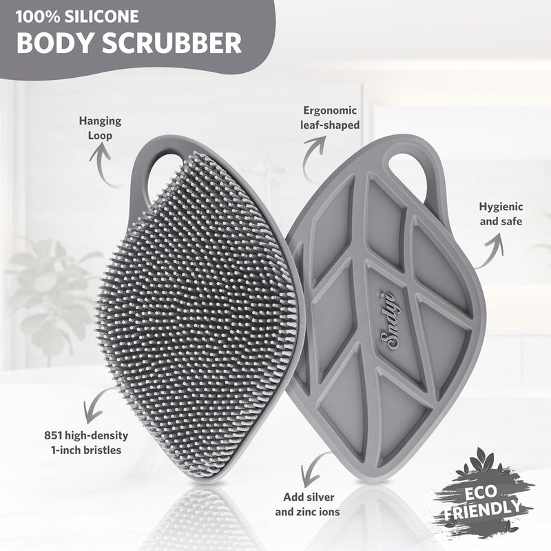 Sndyi Silicone Body Scrubber, Gentle Exfoliating Body Scrubber for Sensitive Skin, Leaf Shaped Shower Scrubber for Body with Lathering Bristles, Silicone Loofah Body Brush for Showering, Gray - Image 2
